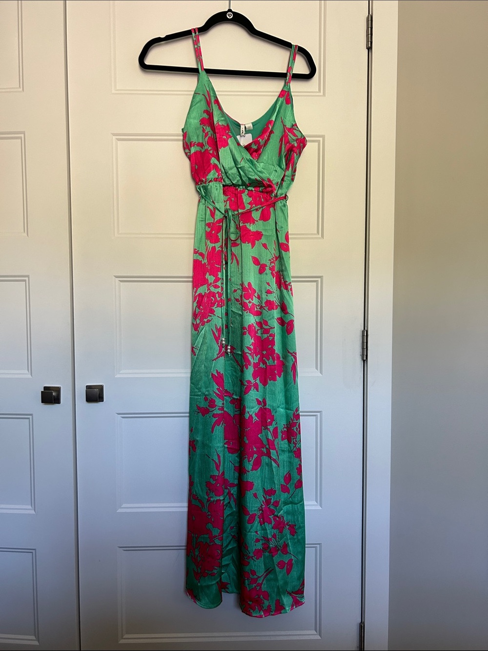 Only Green Maxi Dress with Pink Floral Print and Tie Waist